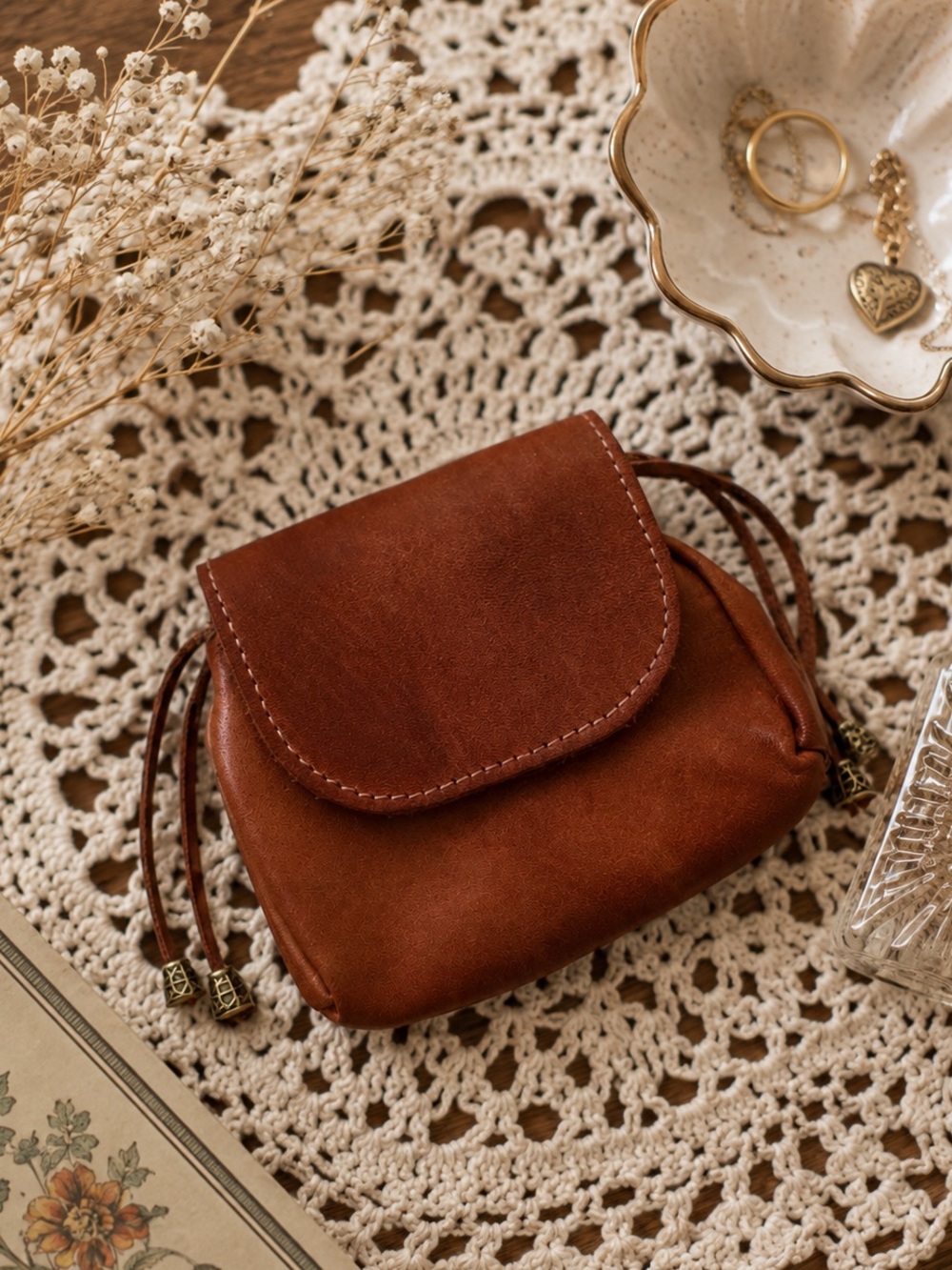Mini Genuine Leather Coin Purse Pouch Cognac Brown Boho Midieval Rustic Fantasy